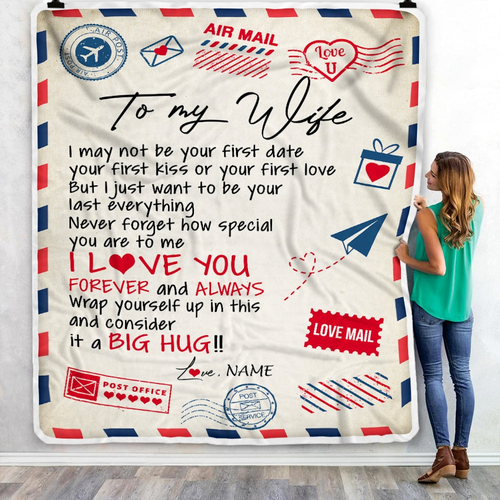 Gift For To Wife, Personalized To My Wife Blanket From Husband,Forever Always Airmail Letter Valentine Christmas Wedding Anniversary Customized Fleece Blanket