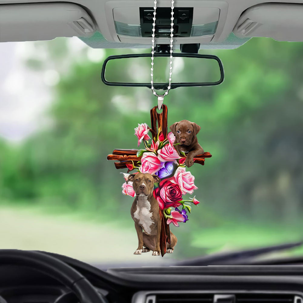 Pitbull Roses and Jesus Auto Hanging Ornament - Dog Car Hanging Ornament - Gift For Dog Mom, Dog Lover, Dog Owner