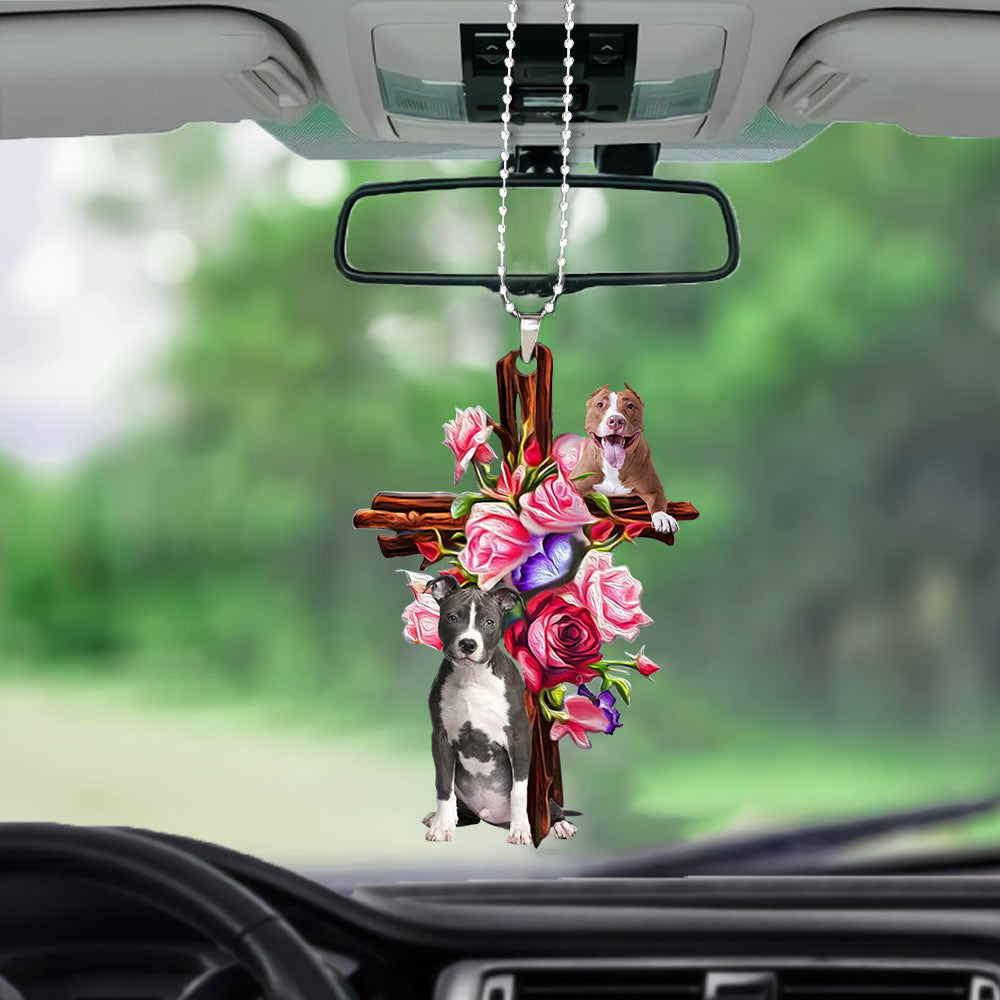 Pitbull Roses and Jesus Ornaments - Dog Car Hanging Ornament - Gift For Dog Mom, Dog Lover, Dog Owner