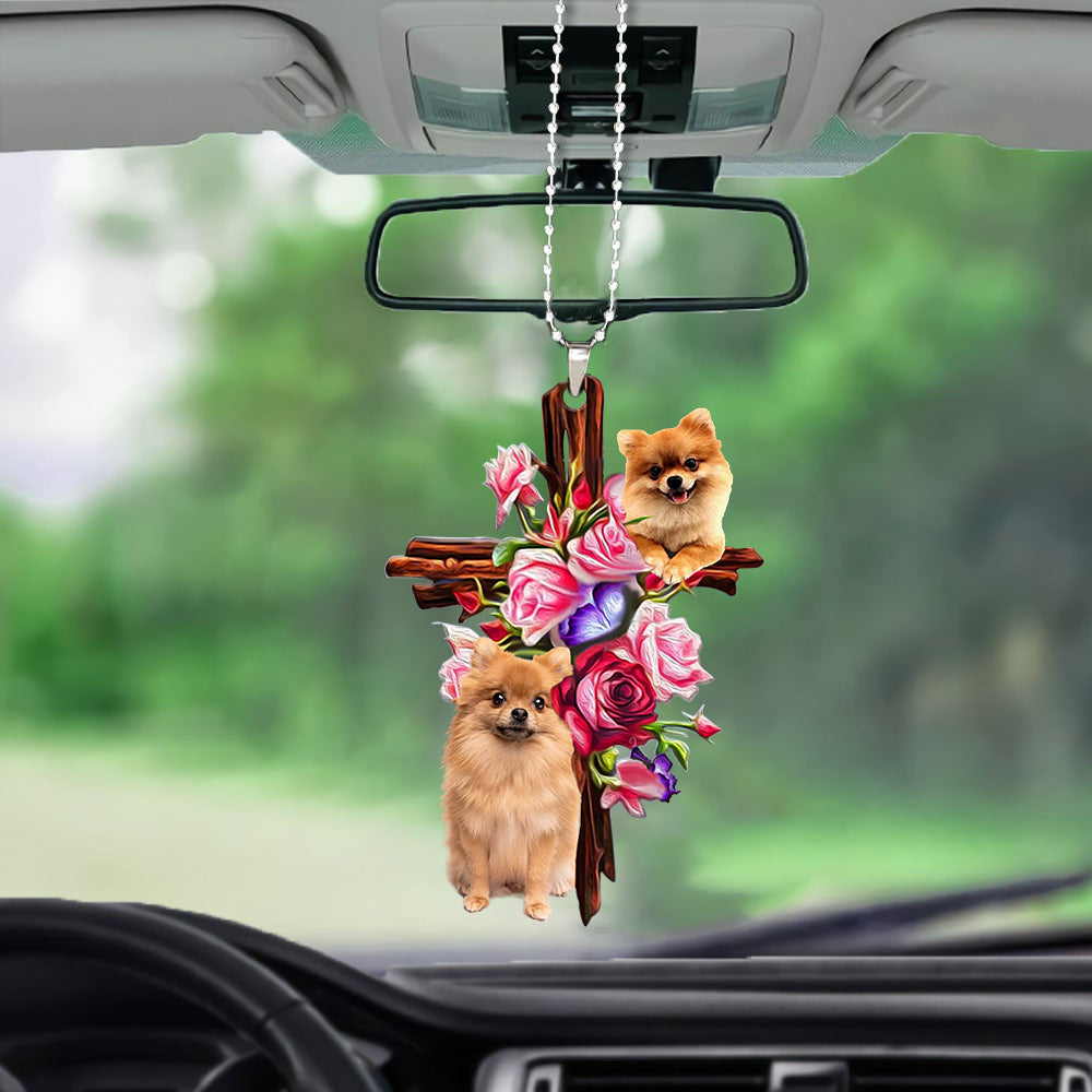 Pomeranian Roses and Jesus Ornament - Dog Car Hanging Ornament - Gift For Dog Mom, Dog Lover, Dog Owner