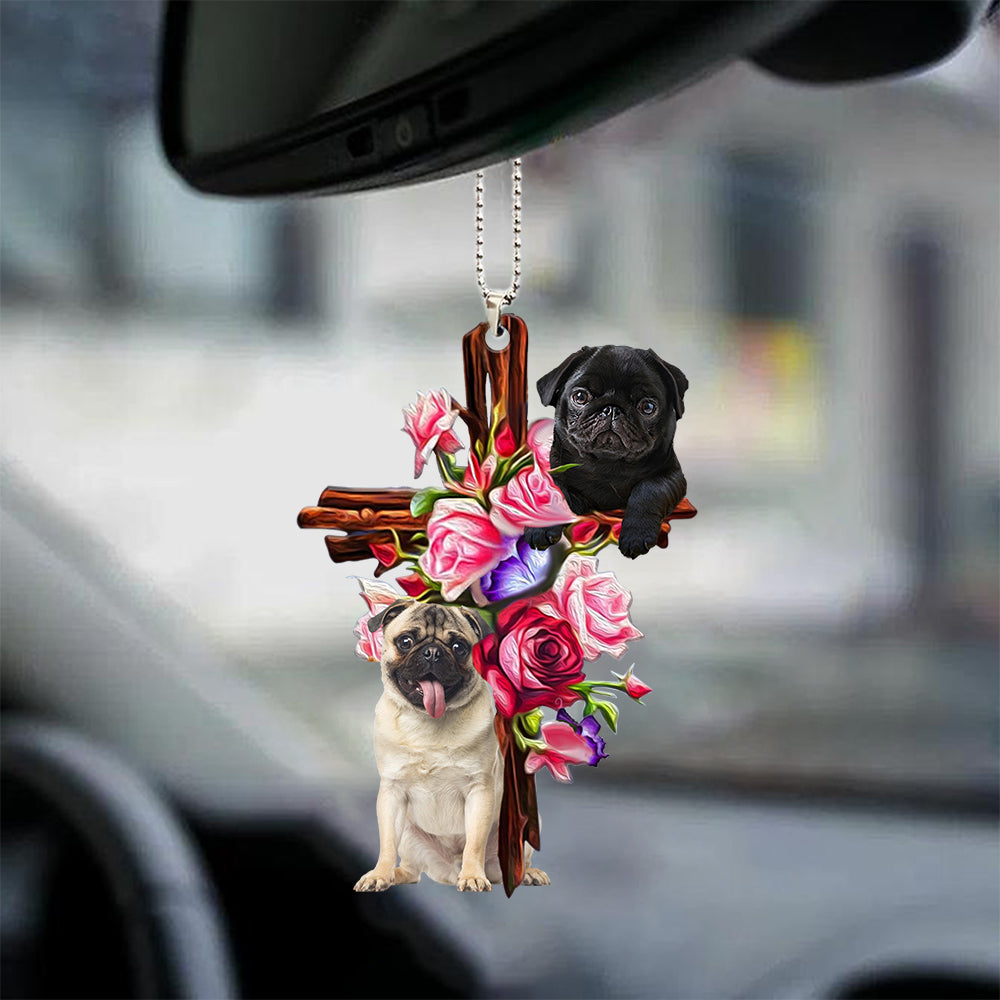 Pug Roses and Jesus Ornament - Dog Car Hanging Ornament - Gift For Dog Mom, Dog Lover, Dog Owner