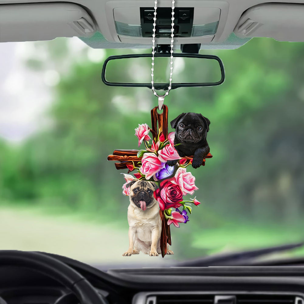 Pug Roses and Jesus Ornament - Dog Car Hanging Ornament - Gift For Dog Mom, Dog Lover, Dog Owner
