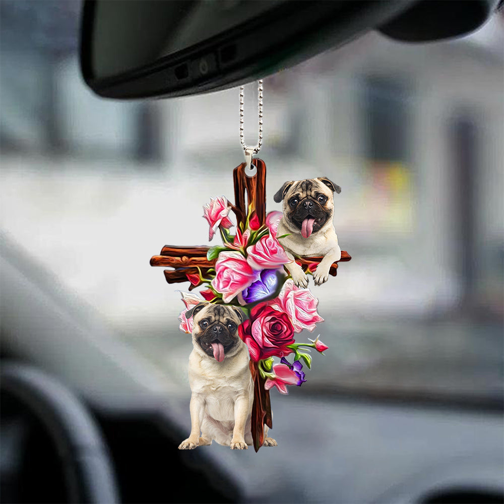 Pug Roses and Jesus Ornament  - Dog Car Hanging Ornament - Gift For Pet Lovers - Gift For Dog Mom, Dog Lover, Dog Owner