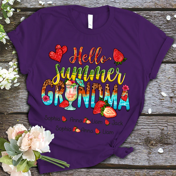 Grandma And Kids Custom Name T-shirt, Mother's Day Shirt, Hello Summer Strawberry Grandma And Kids Personalized Shirt - Perfect Gift For Nana, Mimi, Grandma