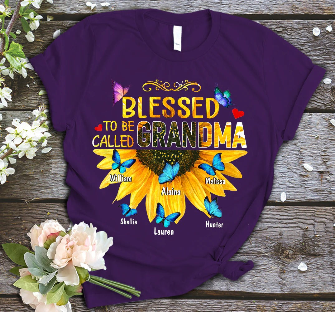 Grandma and Kids Custom Name T-shirt, Blessed To Be Called Grandma Sunflower Gift Personalized Shirt - Perfect Gift For Gigi, Nana, Mimi, Grandma