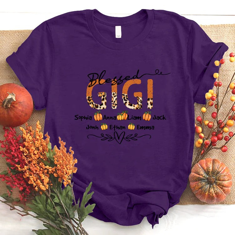 Gigi And Kids Custom Name T-shirt, Mother's Day Shirt, Leopard Blessed Gigi And Kids Pumpkin Personalized Shirt - Perfect Gift For Gigi, Nana, Mimi, Grandma