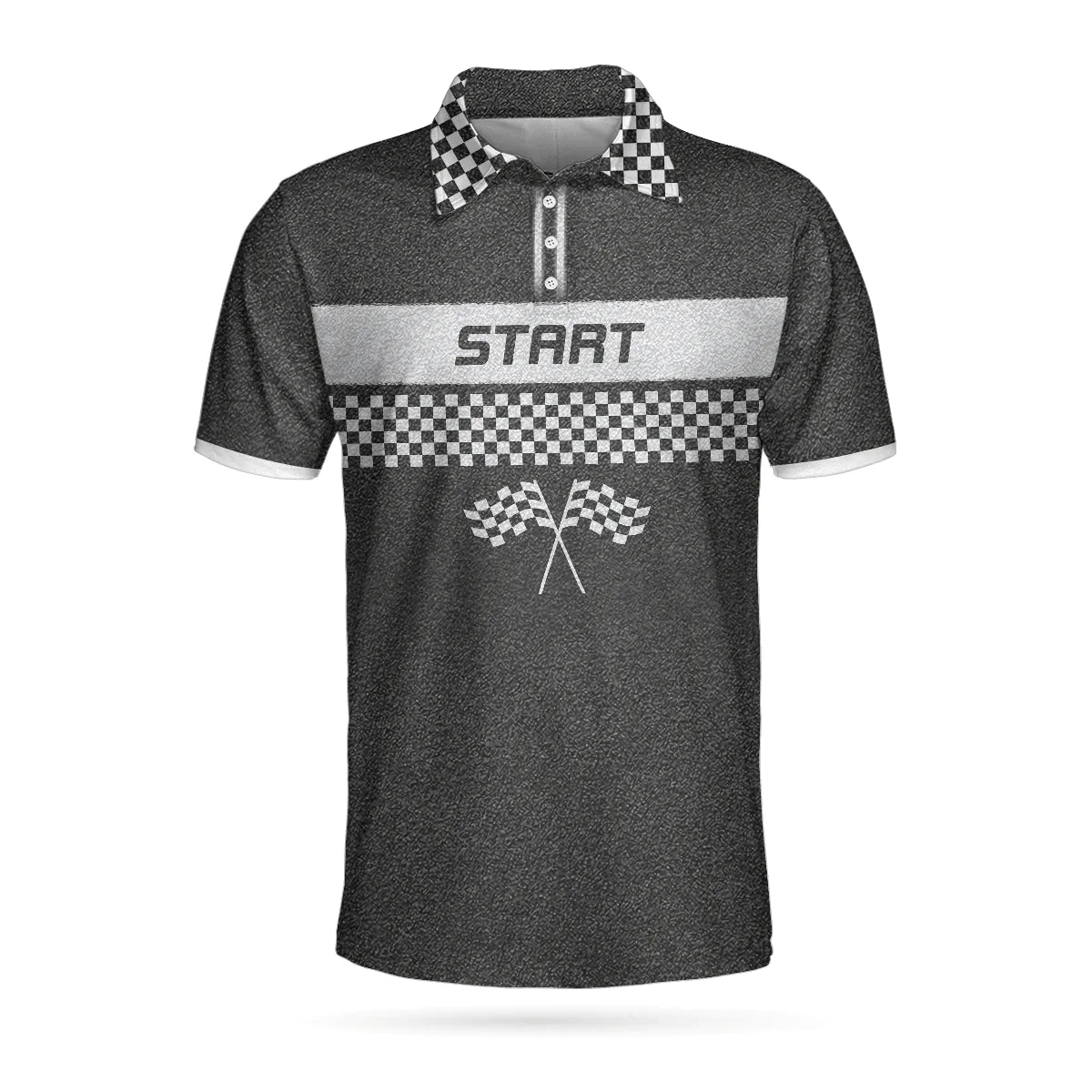 Racing Start And Finish Short Sleeve Polo Shirt, Black And White Checker Pattern Polo Shirt, Best Racing Shirt For Men