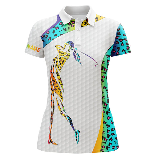 Rainbow Neon Leopard Pattern Golf White Womens Golf Polo Shirts Custom Name Golf Gifts For Women, Best Gift For Women
