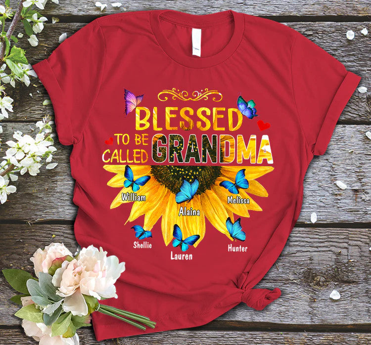 Personalized T-Shirt, Mother's Day Gift T-Shirt, Blessed To Be Called Grandma Sunflower Gift Custom T-Shirt, Custom Name And Kid Names On T-Shirt