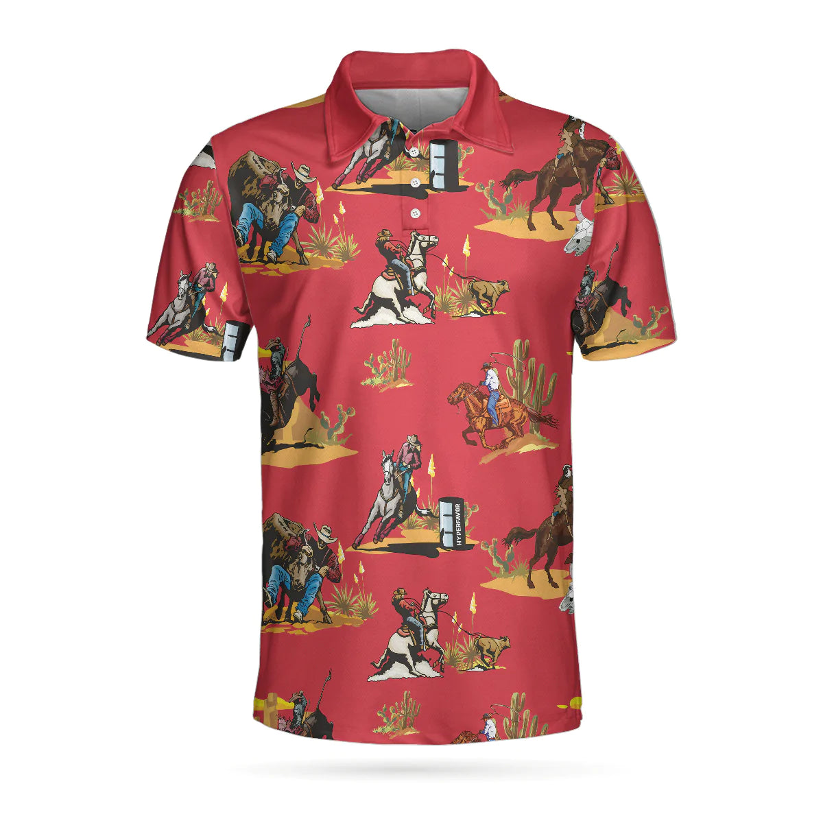 Rodeo Seamless Pattern Short Sleeve Men Polo Shirt, Red Texas Cowboy Polo Shirt, Rodeo Shirt For Male