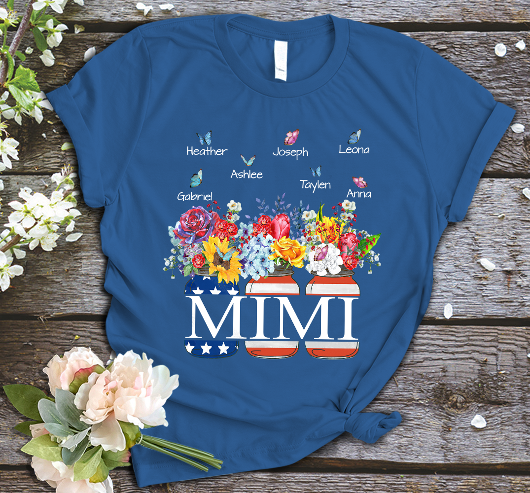 Mimi and Kids Custom Name T-shirt, Grandma Shirt , Flower Vase Flag American Personalized Shirt - Perfect Gift For Gigi, Nana, Mimi, Grandma