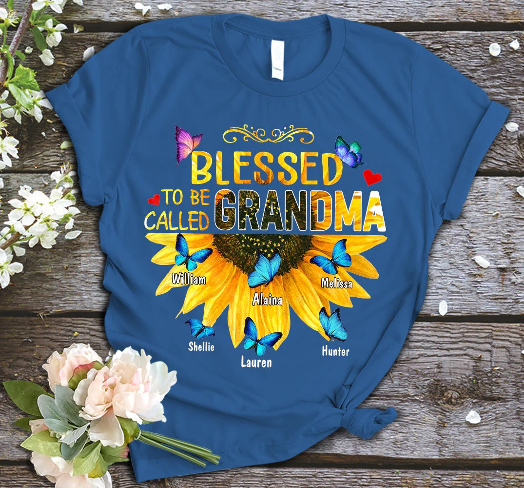 Grandma and Kids Custom Name T-shirt, Blessed To Be Called Grandma Sunflower Gift Personalized Shirt - Perfect Gift For Gigi, Nana, Mimi, Grandma