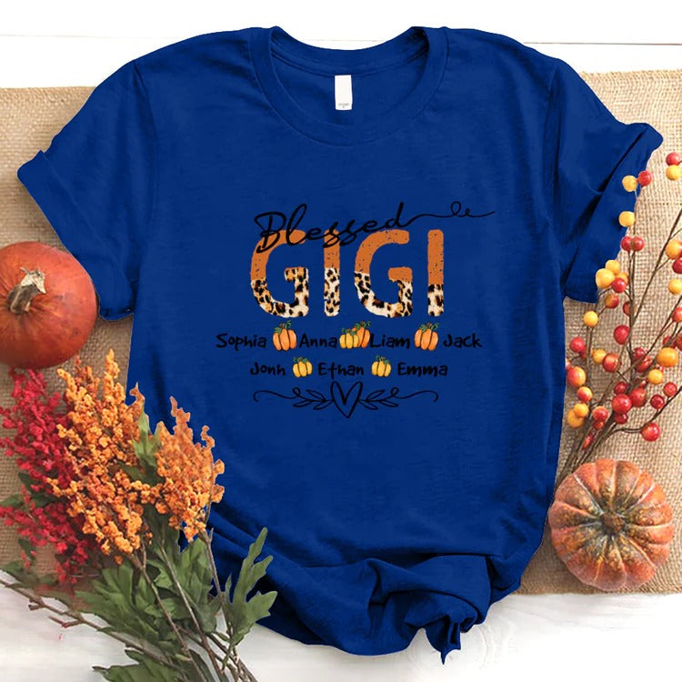 Gigi And Kids Custom Name T-shirt, Mother's Day Shirt, Leopard Blessed Gigi And Kids Pumpkin Personalized Shirt - Perfect Gift For Gigi, Nana, Mimi, Grandma