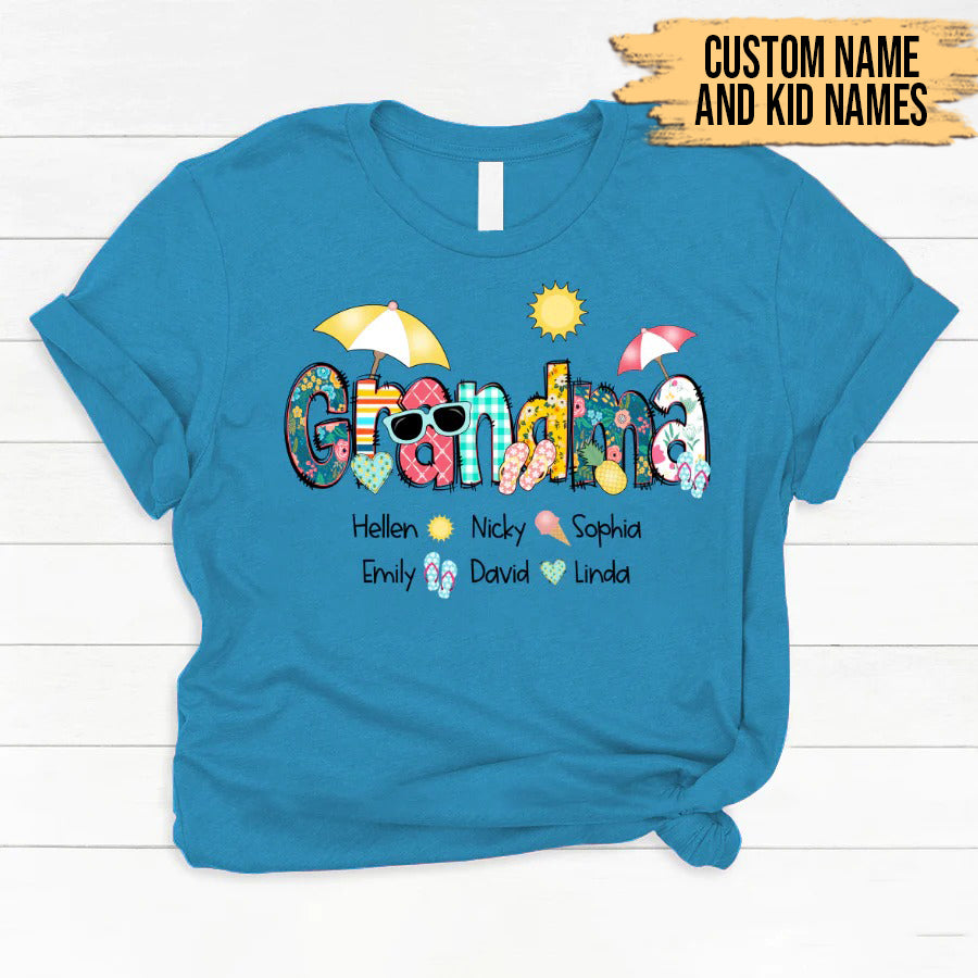 Grandma and Kids Custom Name T-shirt, Summer Grandma With Grandkids Name Personalized Shirt - Perfect Gift For Gigi, Nana, Mimi, Grandma
