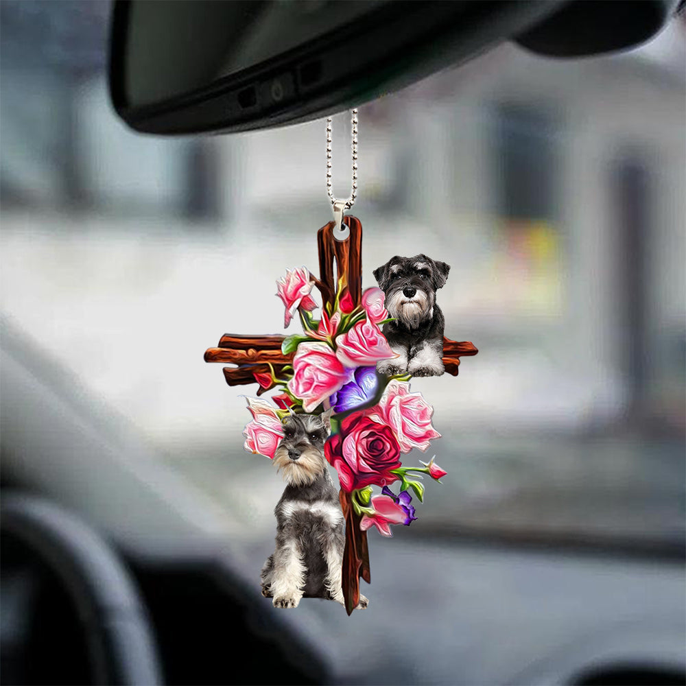Schnauzer Roses and Jesus Ornament -  Dog Ornaments For Car - Gift For Dog Mom, Dog Lover, Dog Owner