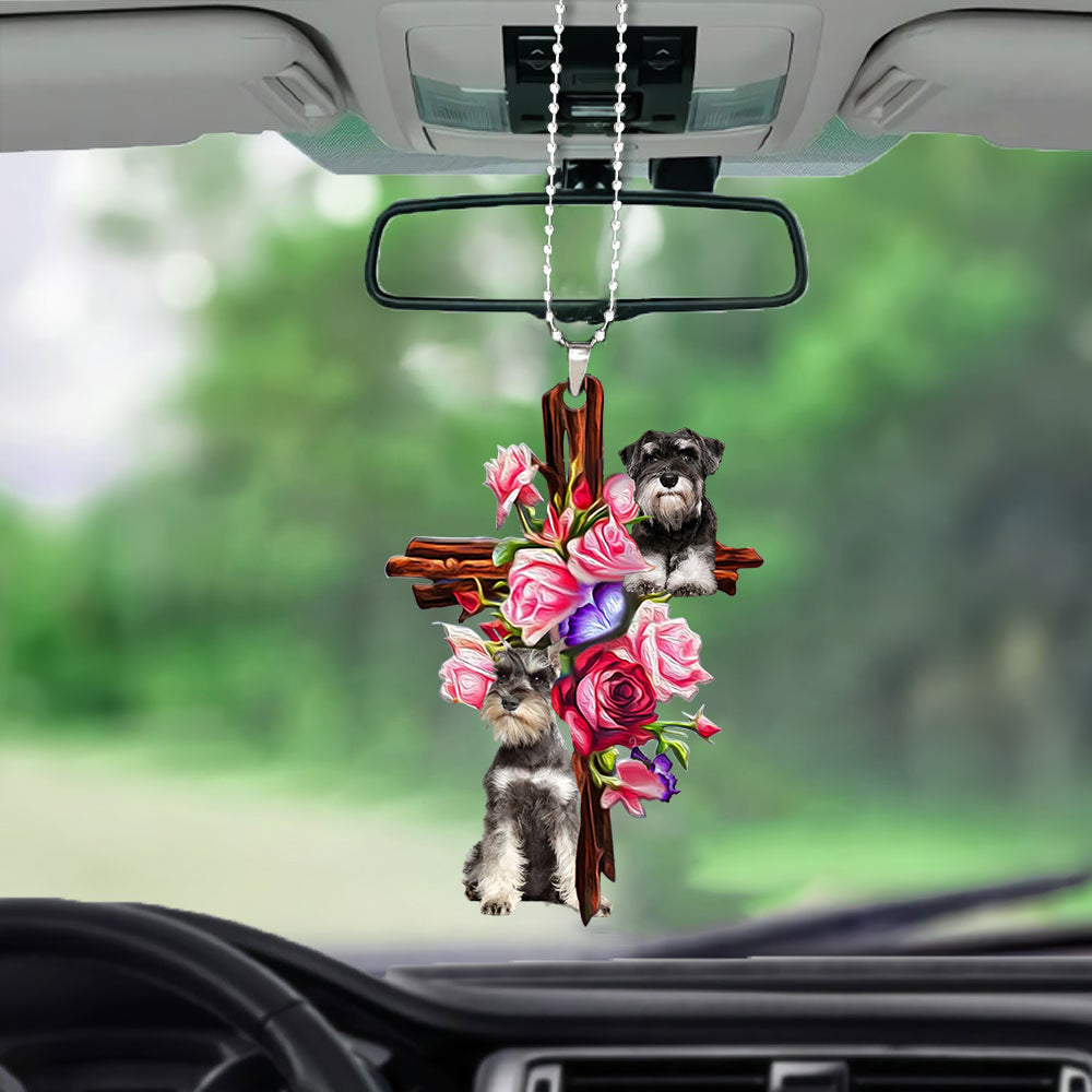 Schnauzer Roses and Jesus Ornament - Dog Ornaments For Car - Gift For Dog Mom, Dog Lover, Dog Owner