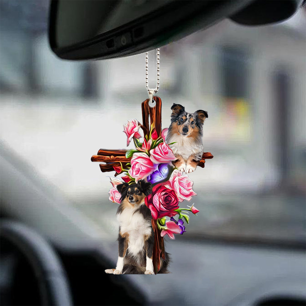 Shetland Sheepdog Roses and Jesus Ornament  - Dog Car Hanging Ornament - Gift For Dog Mom, Dog Lover, Dog Owner
