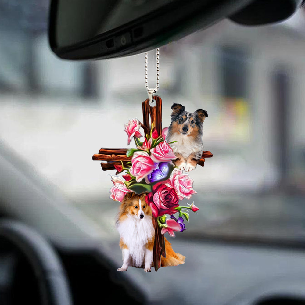 Shetland Sheepdog Roses and Jesus Ornament - Dog Ornaments For Car - Gift For Dog Mom, Dog Lover, Dog Owner
