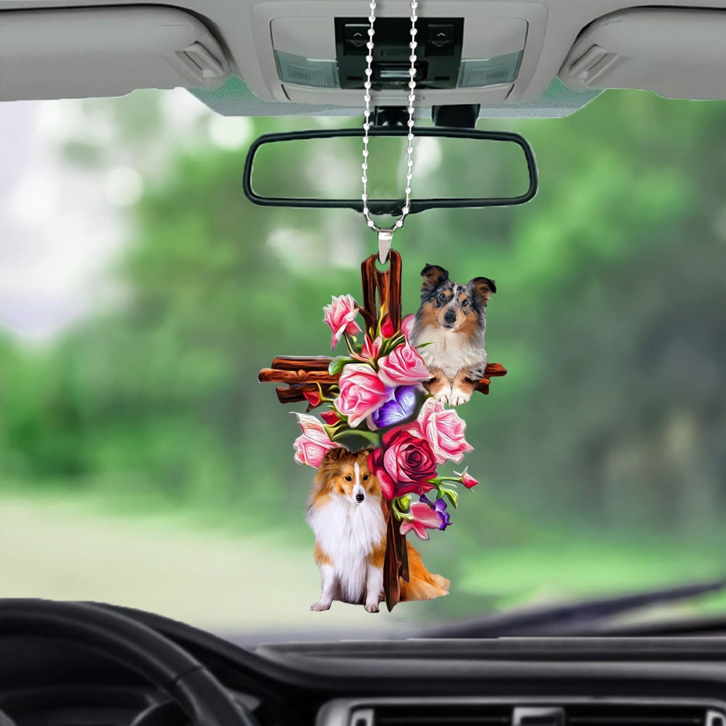 Shetland Sheepdog Roses and Jesus Ornament - Dog Ornaments For Car - Gift For Dog Mom, Dog Lover, Dog Owner