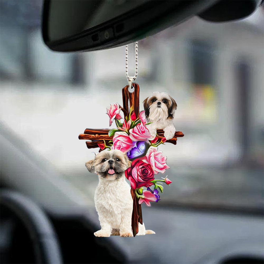 Shih Tzu Roses and Jesus Ornament - Dog Car Hanging Ornament - Gift For Dog Mom, Dog Lover, Dog Owner