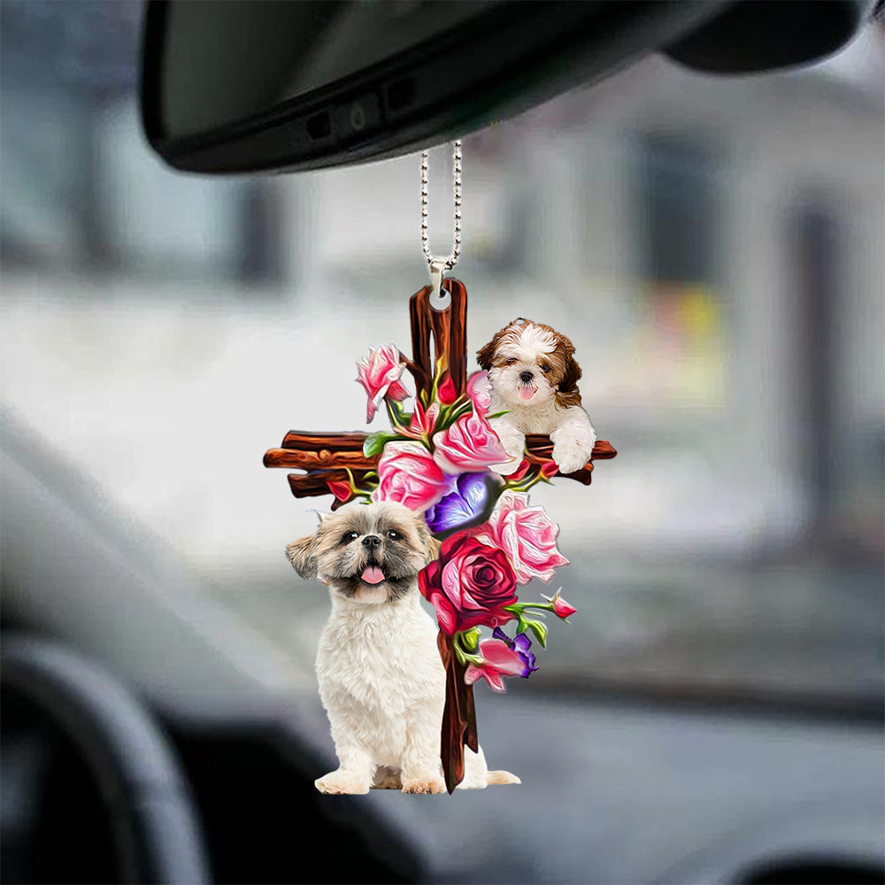 Shih Tzu Roses and Jesus Ornament - Dog Decor Ornaments For Auto Car - Gift For Pet Lovers - Gift For Dog Mom, Dog Lover, Dog Owner