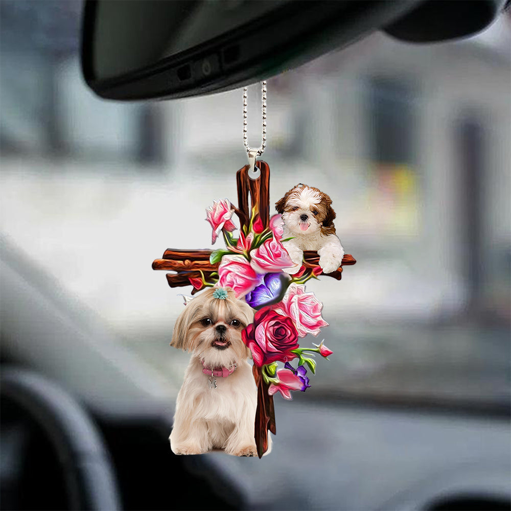 Shih Tzu Roses and Jesus Ornament - Dog Interior Ornaments For Auto Car - Gift For Dog Mom, Dog Lover, Dog Owner