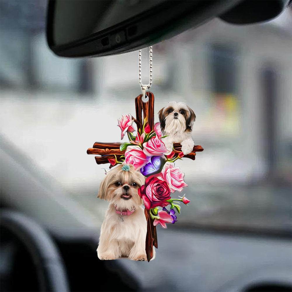Shih Tzu Roses and Jesus Ornament -  Dog Ornaments For Auto Car - Gift For Dog Mom, Dog Lover, Dog Owner