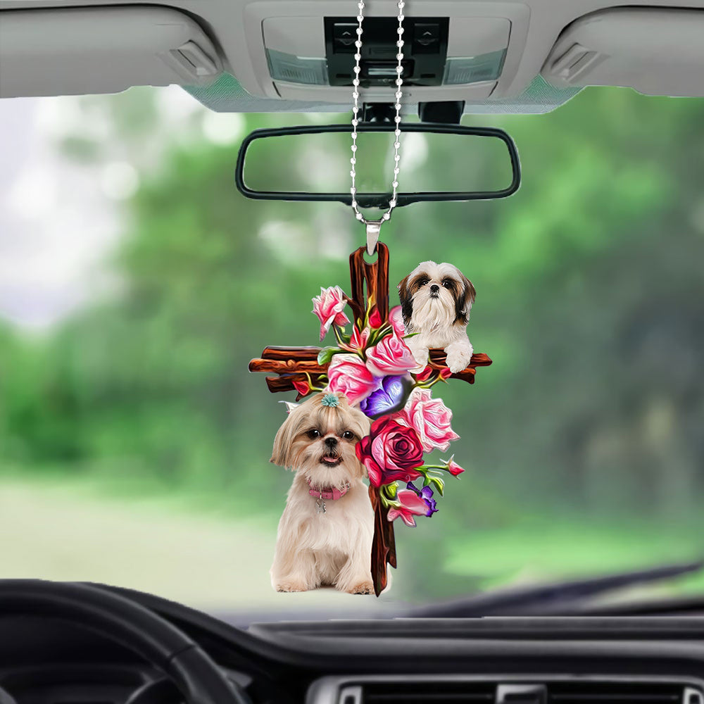 Shih Tzu Roses and Jesus Ornament -  Dog Ornaments For Auto Car - Gift For Dog Mom, Dog Lover, Dog Owner