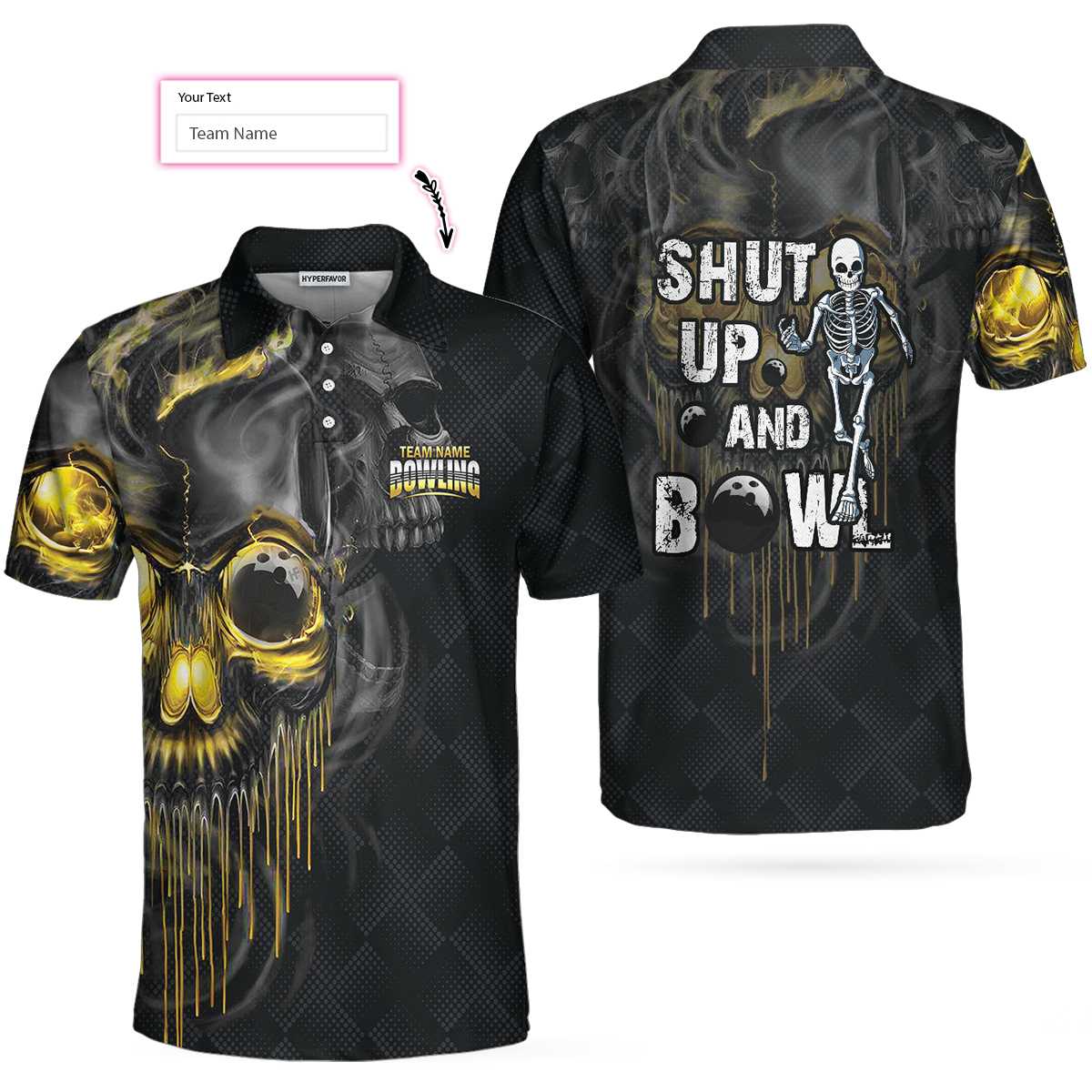 Shut Up And Bowl Golden Skull Custom Name Polo Shirt, Black Skull Bowling Shirt With Sayings, Personalized Bowling Gift - Perfect Gift For Men, Bowlers