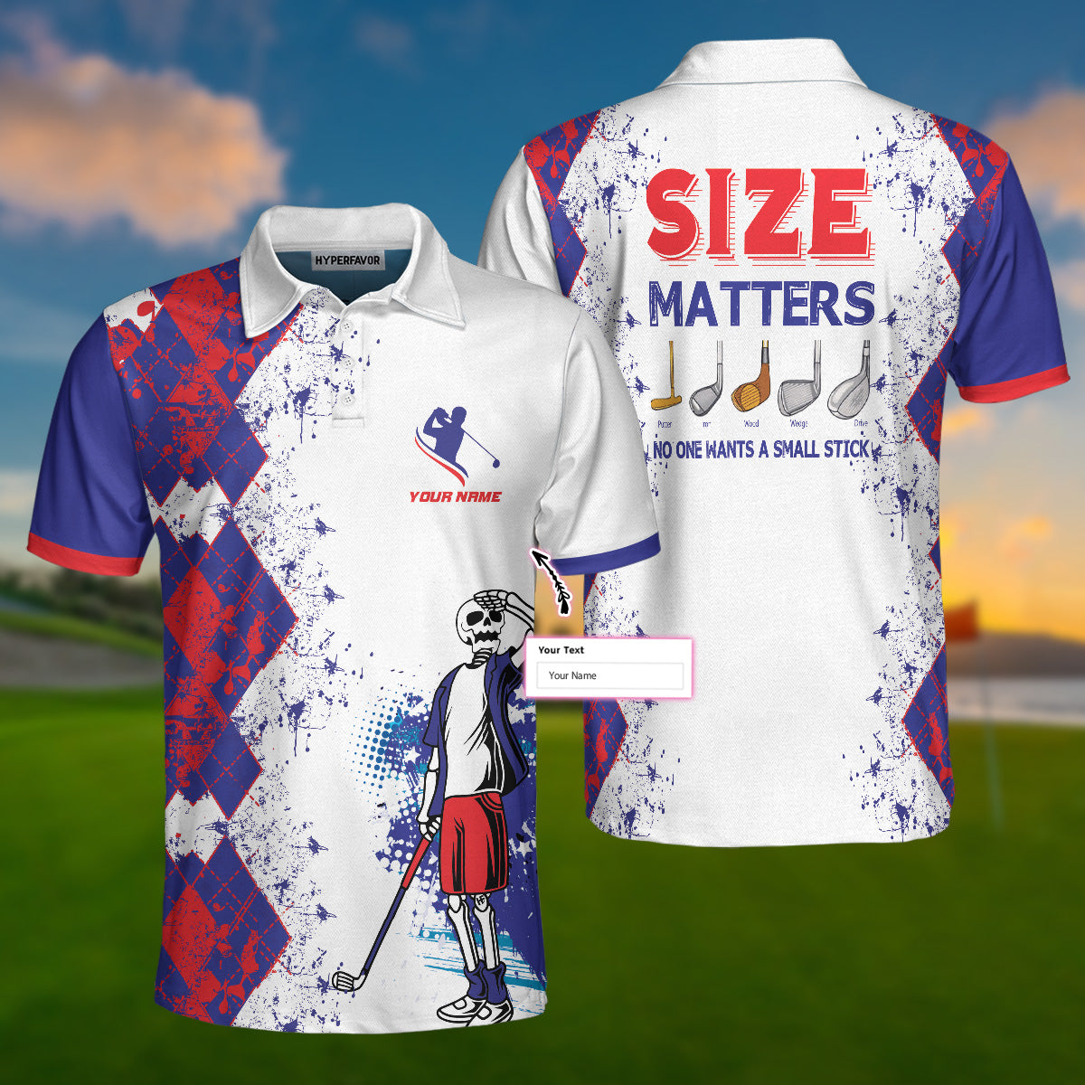 Golfer Custom Name Polo Shirt, Size Matters Custom Polo Shirt, Personalized Golfing Shirt Design, Argyle Pattern Shirt - Perfect Gift For Men, Golfers