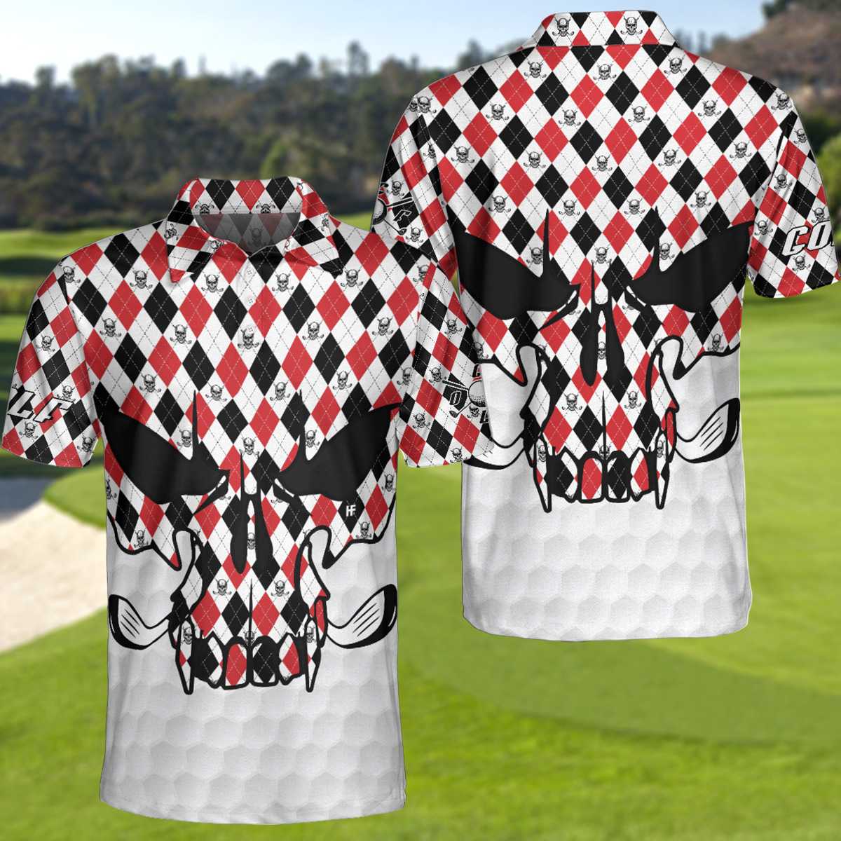 Skull Golf Red Black White Polo Shirt, Golf Texture Argyle Pattern Skull Polo Shirt, Best Golf Shirt For Men - Perfect Gift For Men, Golfers