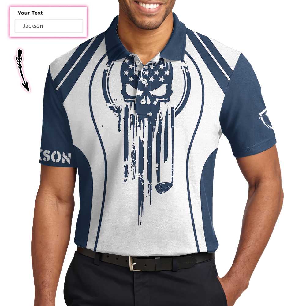 Skull Golf Custom Name Polo Shirt, Personalized Skull American Flag Golf Polo Shirt - Perfect Gift For Men, Golfers