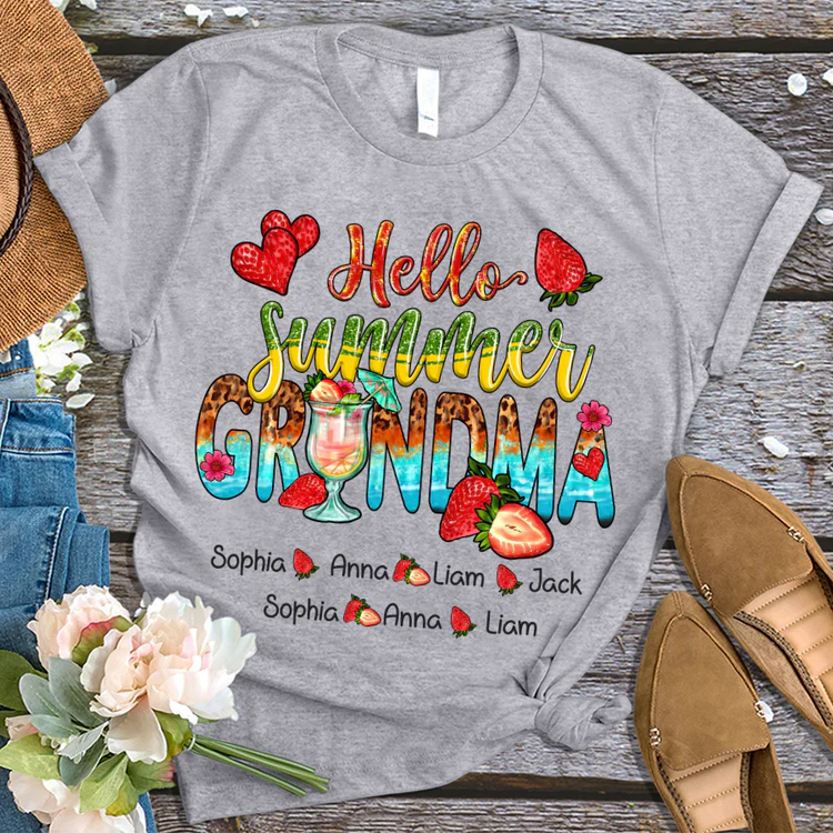 Grandma And Kids Custom Name T-shirt, Mother's Day Shirt, Hello Summer Strawberry Grandma And Kids Personalized Shirt - Perfect Gift For Nana, Mimi, Grandma