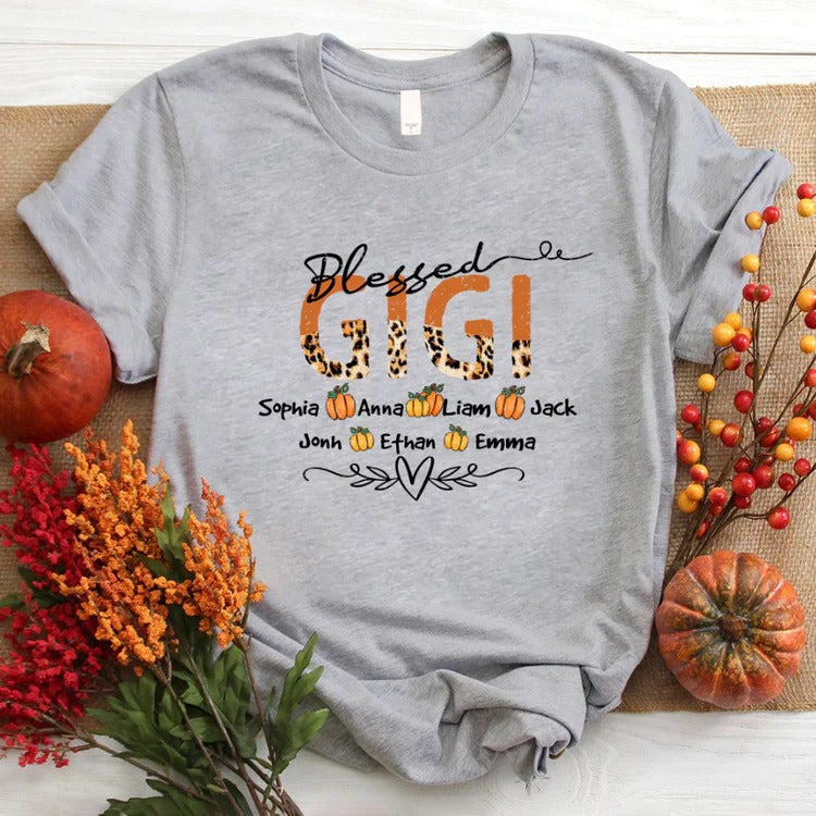 Gigi And Kids Custom Name T-shirt, Mother's Day Shirt, Leopard Blessed Gigi And Kids Pumpkin Personalized Shirt - Perfect Gift For Gigi, Nana, Mimi, Grandma