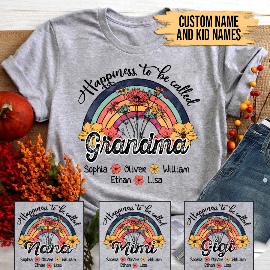 Grandma and Kids Custom Name T-shirt, Vintage Flower Happiness To Be Called Grandma By Grandkids Personalized Shirt - Perfect Gift For Gigi, Nana, Mimi, Grandma