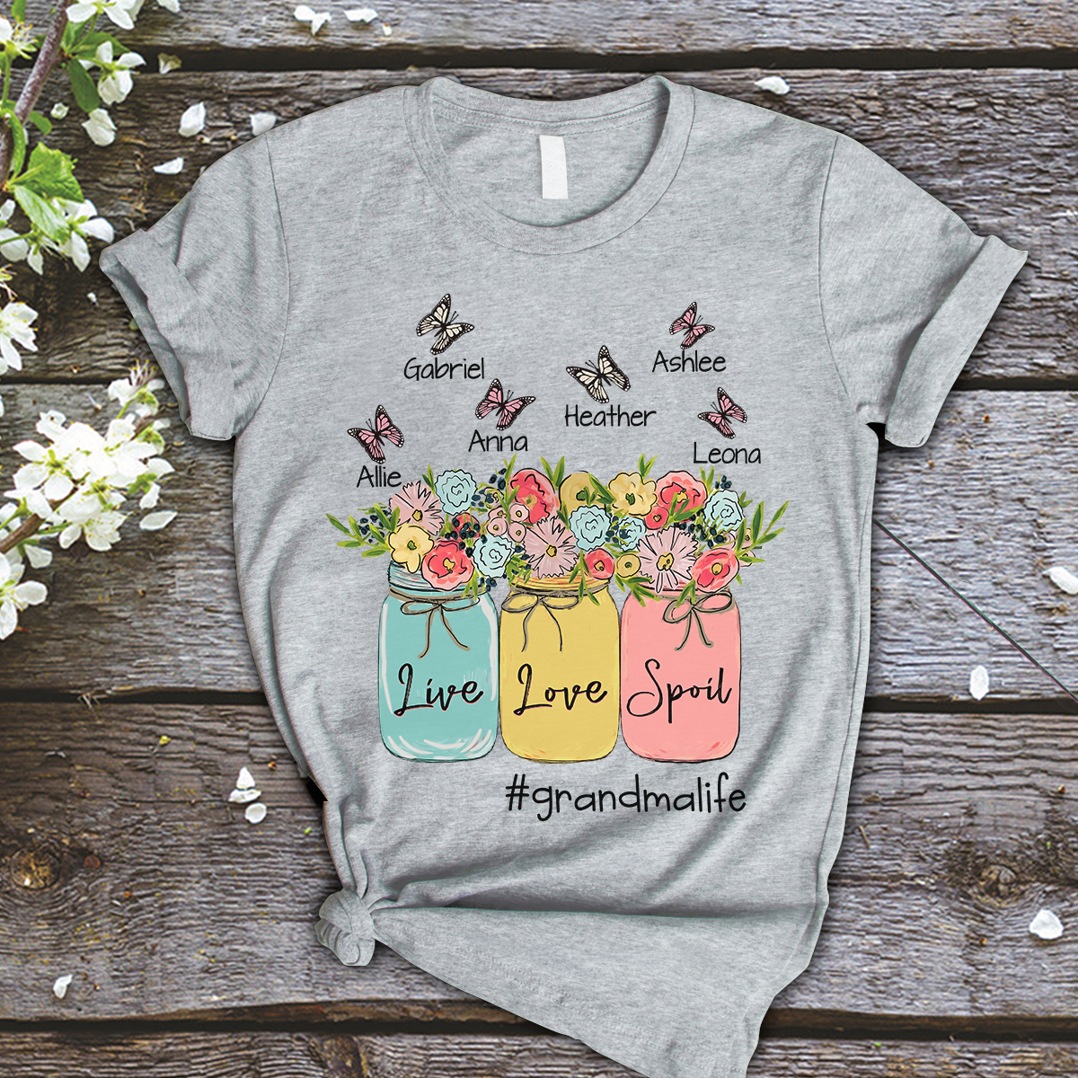 Grandma and Kids Custom Name T-shirt, Live Love Spoil Grandmalife Personalized Shirt, Flower Vase Shirt - Perfect Gift For Gigi, Nana, Mimi, Grandma