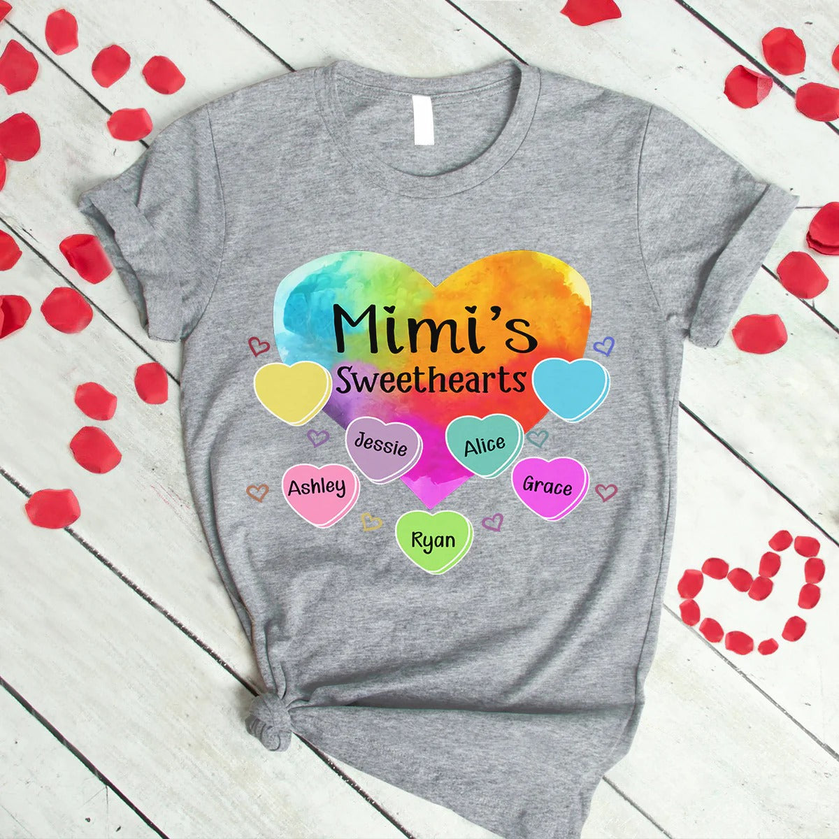 Grandma and Kids Custom Name T-shirt, Grandma Sweethearts With Grandkids Heart Color Art Personalized Shirt - Perfect Gift For Gigi, Nana, Mimi, Grandma