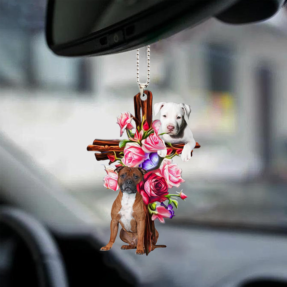 Staffordshire Bull Terrie Roses and Jesus Ornament - Dog Car Hanging Ornament - Gift For Dog Mom, Dog Lover, Dog Owner