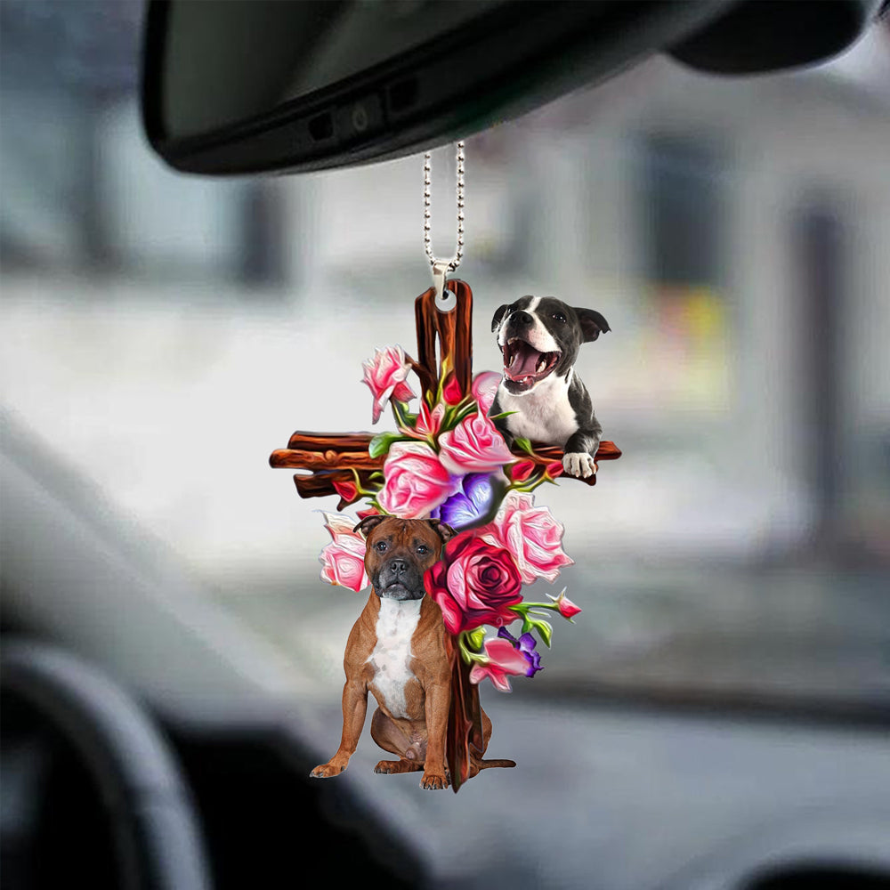 Staffordshire Bull Terrier Roses and Jesus Ornament - Dog Car Hanging Ornament - Gift For Dog Mom, Dog Lover, Dog Owner