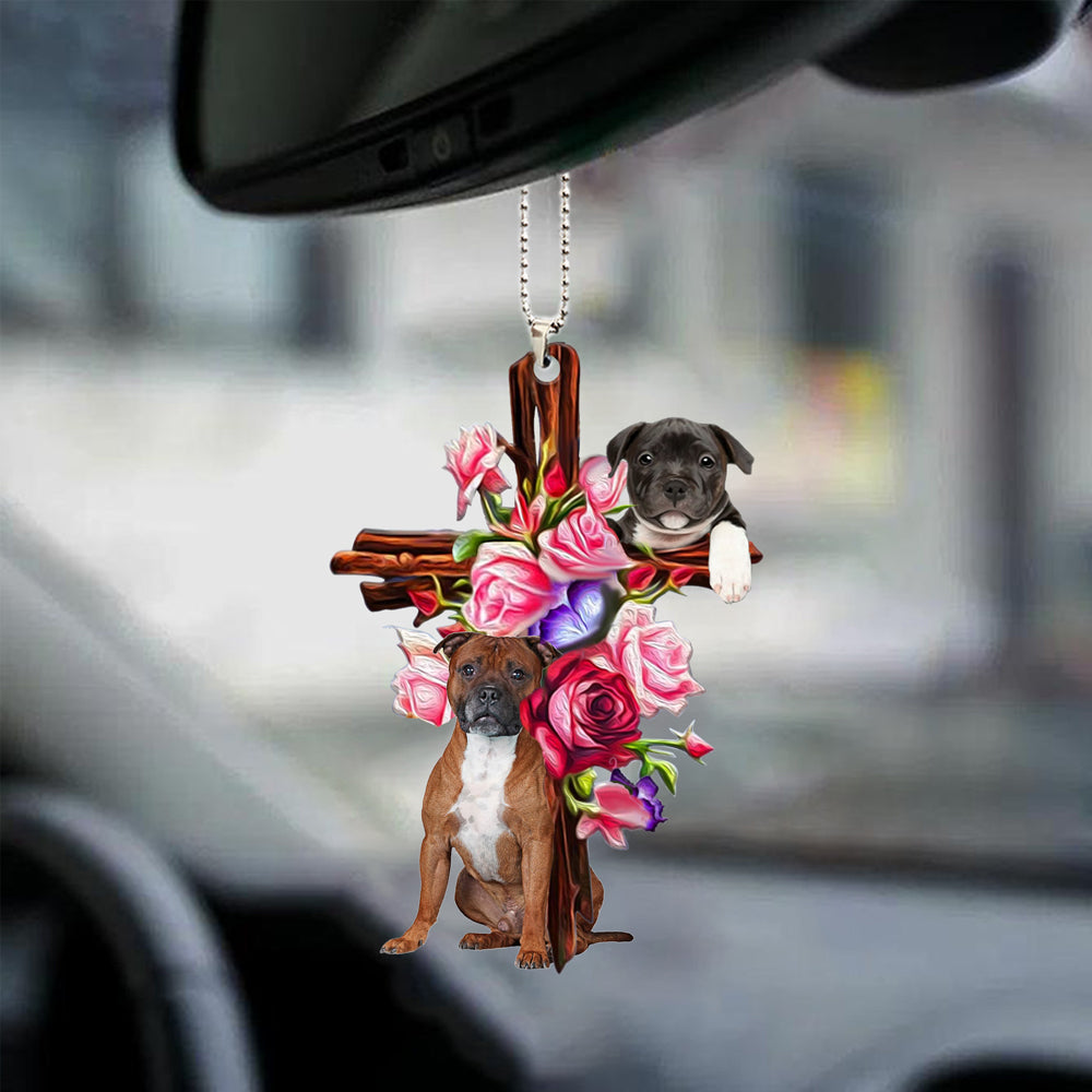 Staffordshire Bull Terrier Roses and Jesus Ornament - Dog Ornaments - Gift For Dog Mom, Dog Lover, Dog Owner