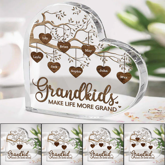 Grandkids Custom Heart Shaped Acrylic Plaque, Mother's Day, Birthday Gift For Grandma Make Life More Grand - Family Personalized Custom Heart Shaped Acrylic Plaque