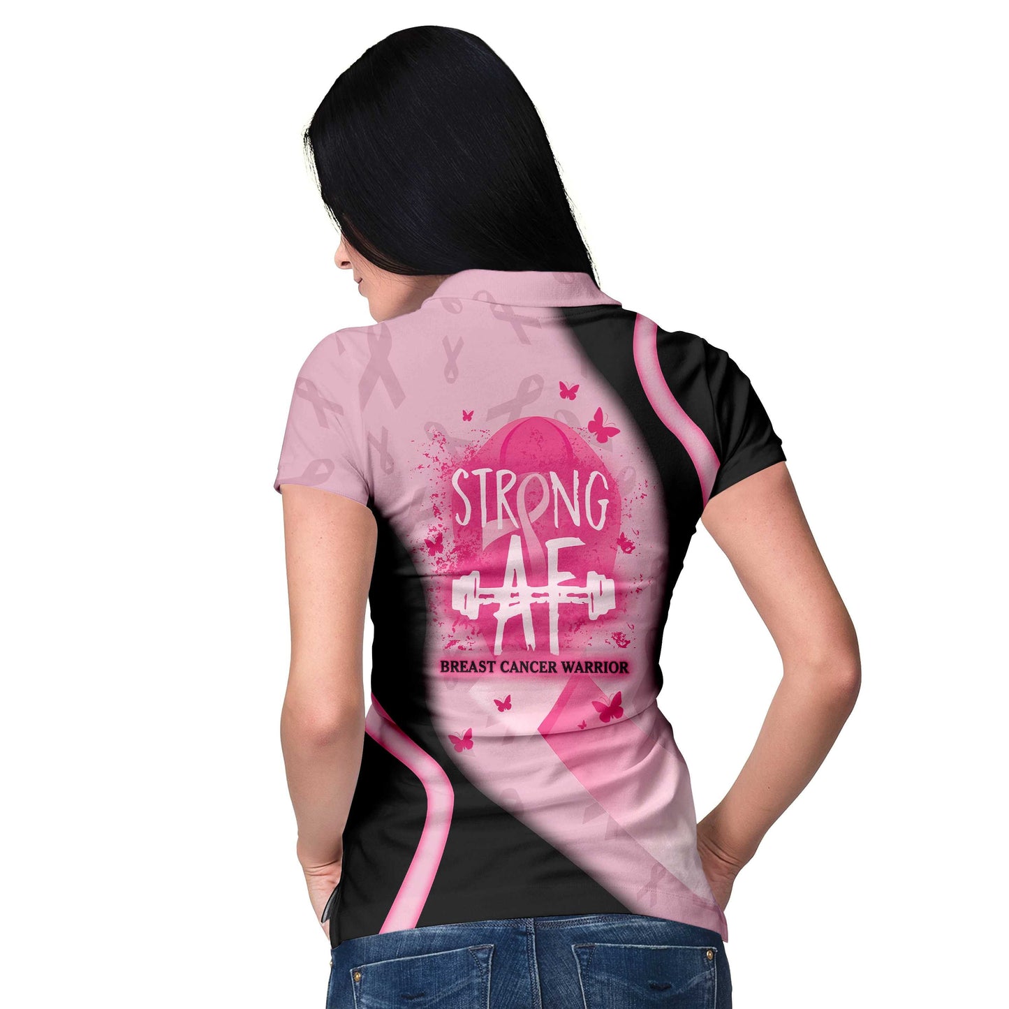 Strong AF Breast Cancer Warrior Custom Short Sleeve Women Polo Shirt, Personalized Pink Breast Cancer Awareness Shirt For Ladies - Perfect Gift For Women