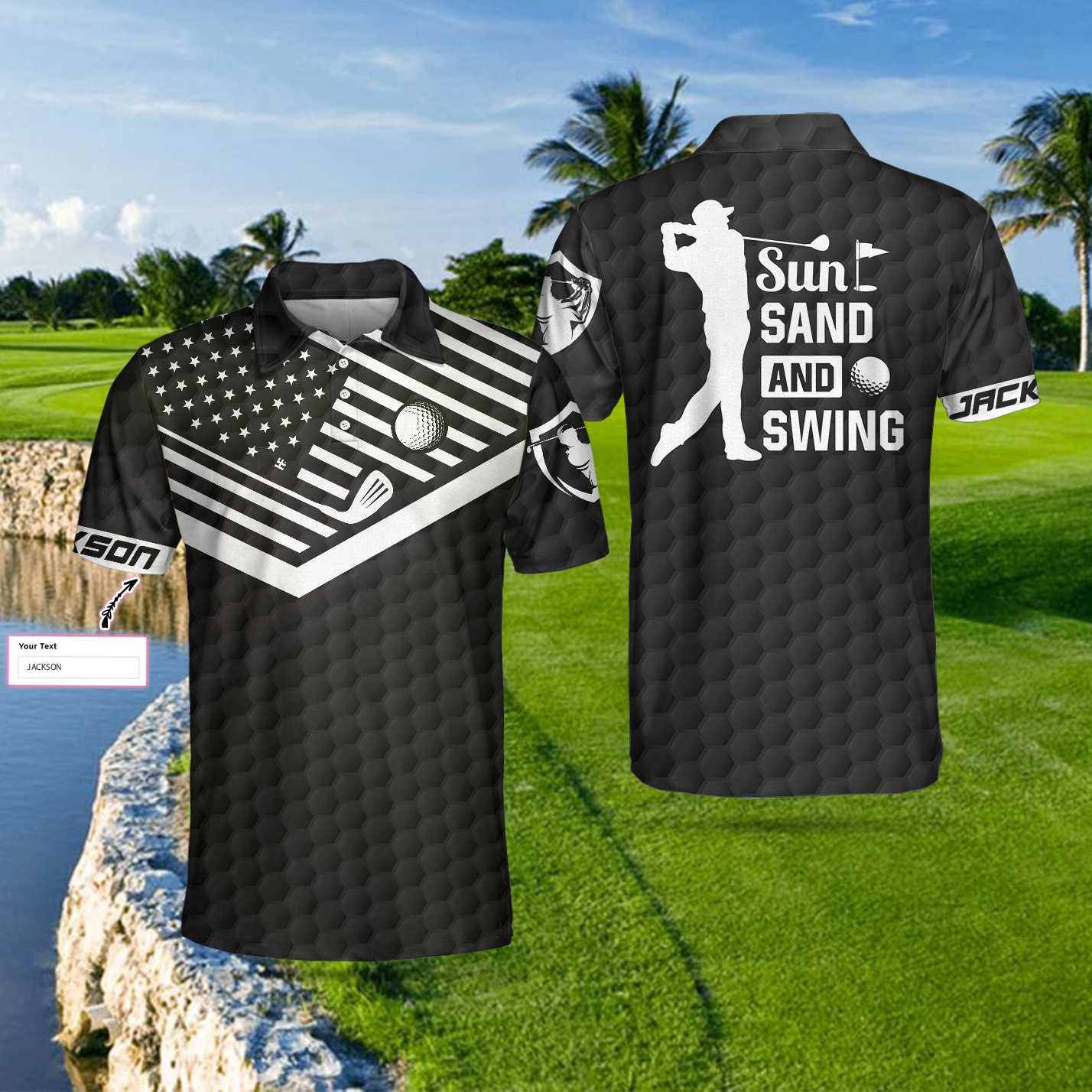Sun Sand and Swing Custom Polo Shirt, Personalized Black American Flag Golf Shirt - Perfect Gift For Men