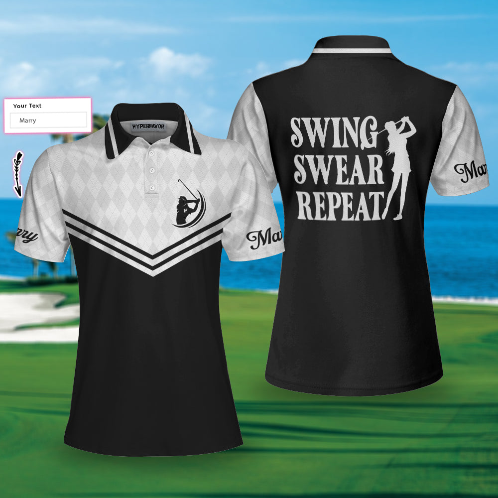 Swing Swear Repeat Custom Short Sleeve Women Polo Shirt, Black And White Golf Shirt For Female Players - Perfect Gift For Women