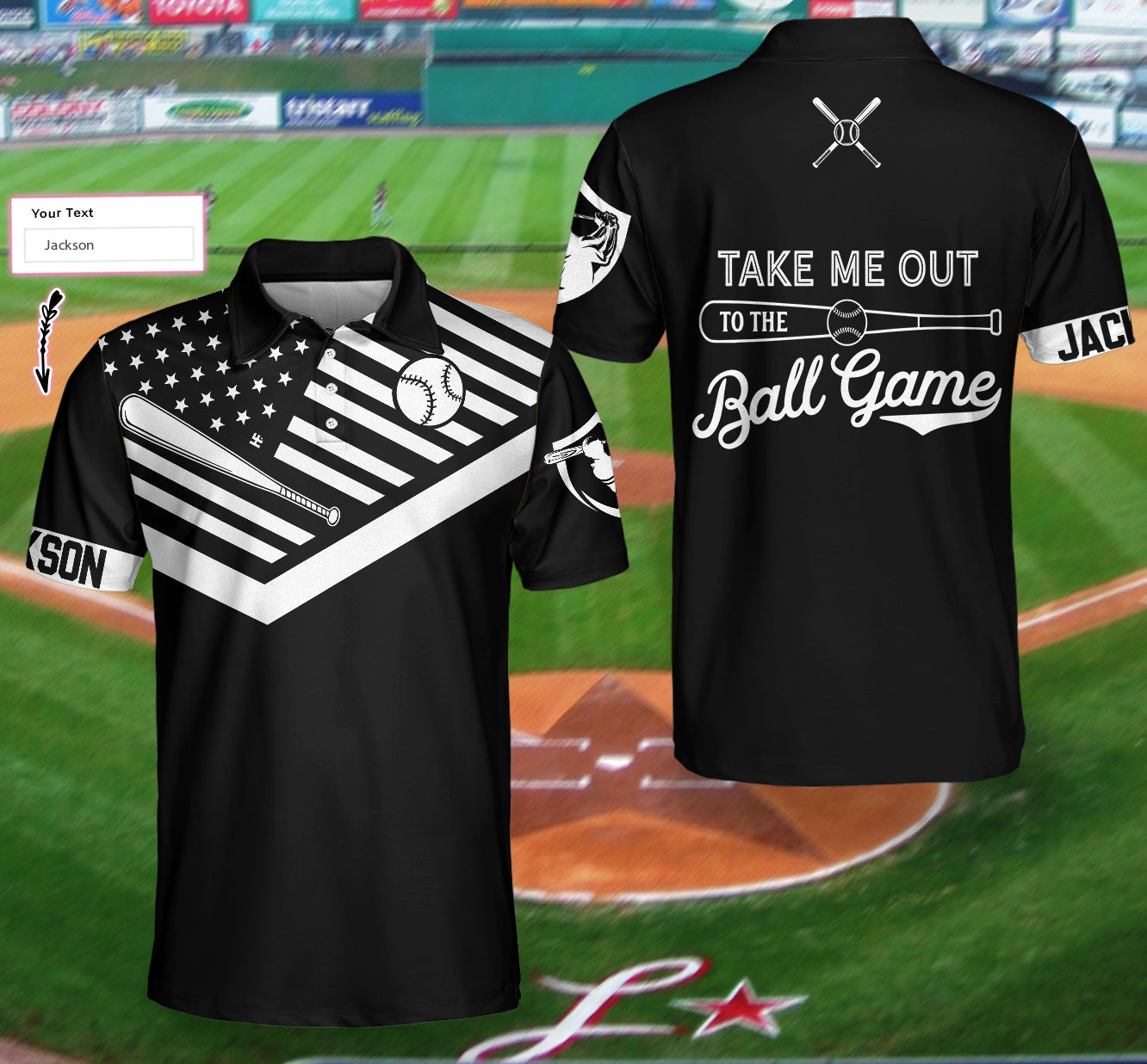 Take Me Out To The Ball Game Custom Polo Shirt, Personalized Black American Flag Baseball Shirt - Perfect Gift For Men