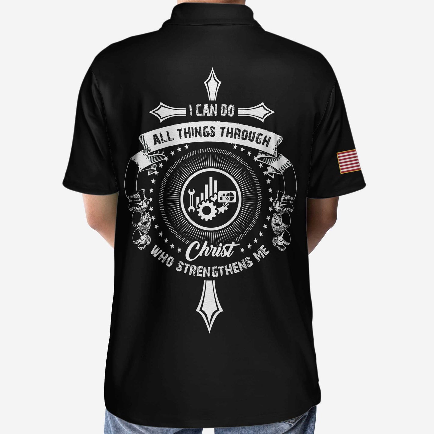 Technician I Can Do All Things Custom Polo Shirt, Personalized American Flag Technician Shirt - Perfect Gift For Men