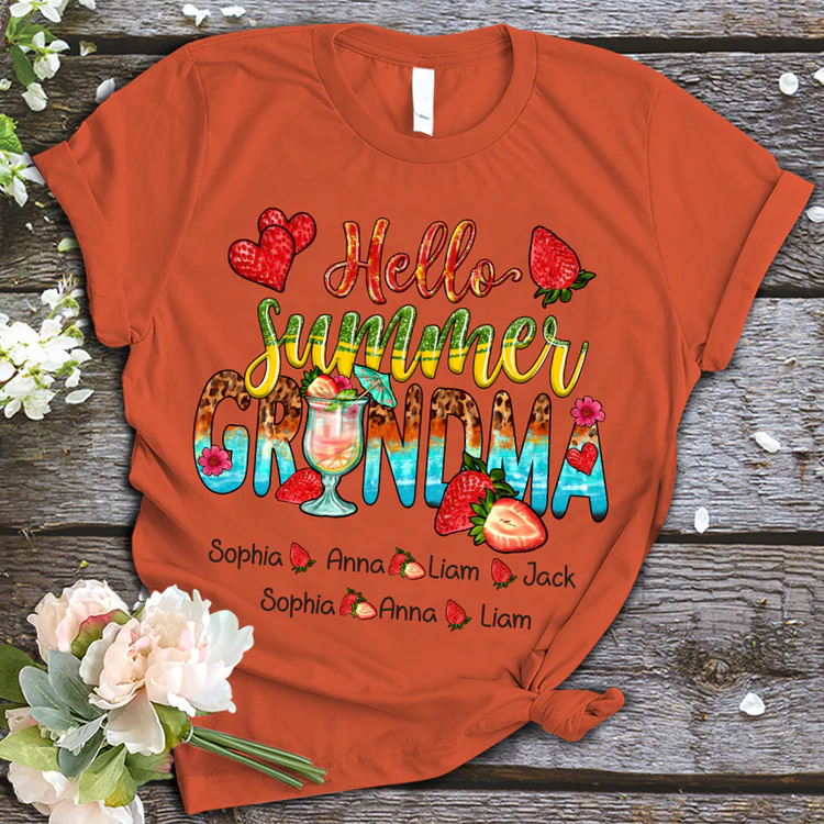 Grandma And Kids Custom Name T-shirt, Mother's Day Shirt, Hello Summer Strawberry Grandma And Kids Personalized Shirt - Perfect Gift For Nana, Mimi, Grandma