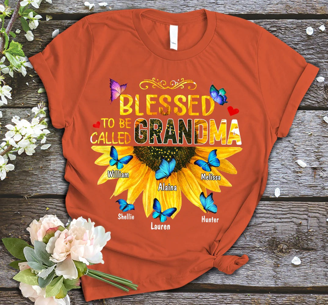 Grandma and Kids Custom Name T-shirt, Blessed To Be Called Grandma Sunflower Gift Personalized Shirt - Perfect Gift For Gigi, Nana, Mimi, Grandma