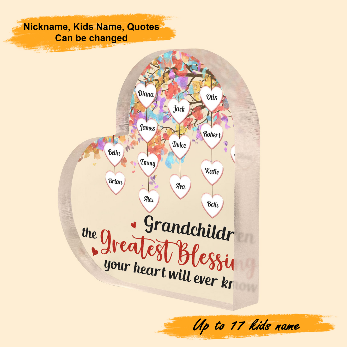 Mother's Day Grandchildren Greatest Blessing, Personalized Heart Shaped Acrylic Plaque - Custom Name Gifts For Nana, Mother, Grandma, Mom, Mama, Gigi