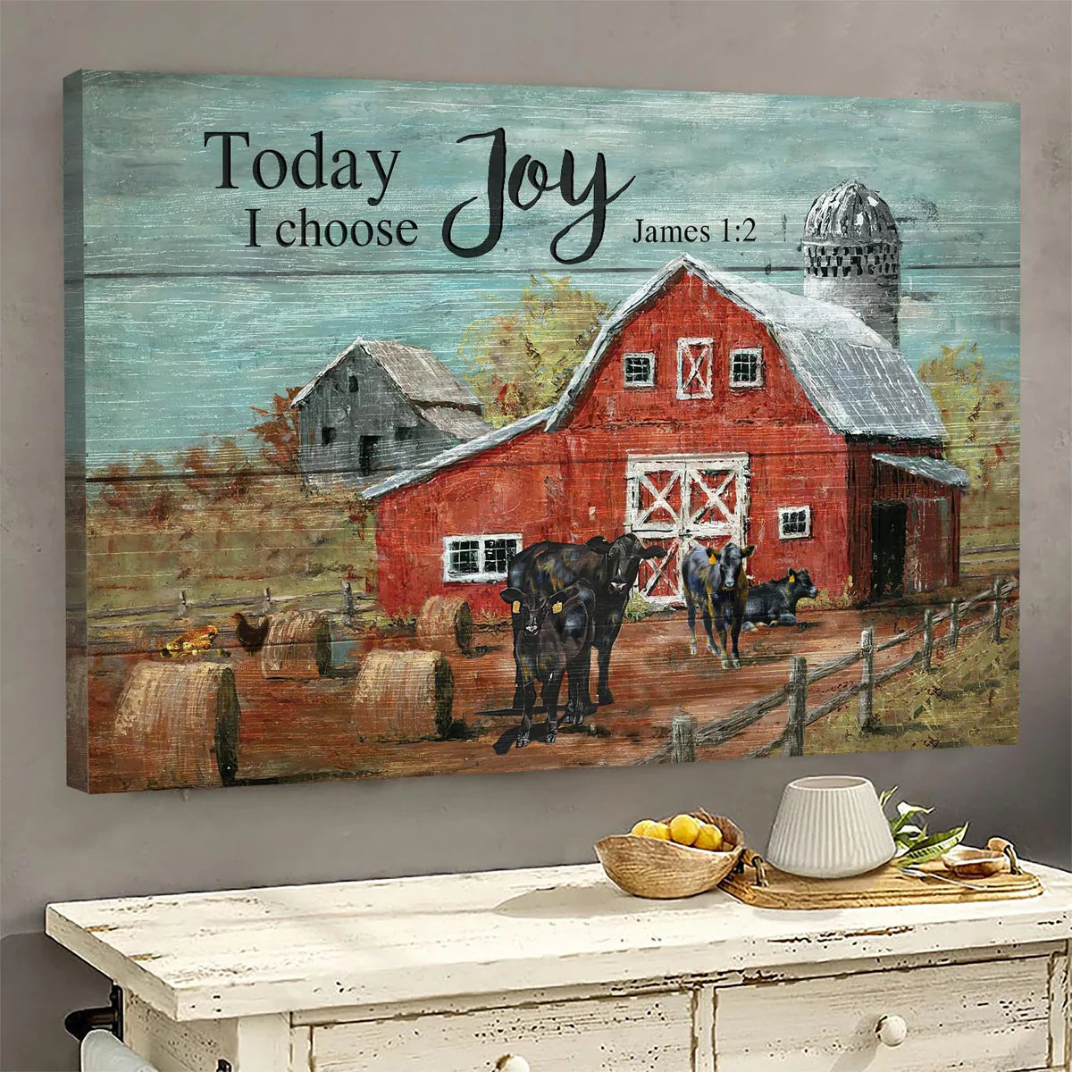 Jesus Landscape Canvas - Tranquil Farm, Aberdeen Angus, Red Barn Canvas - Gift For Christian - Today I Choose Joy Canvas